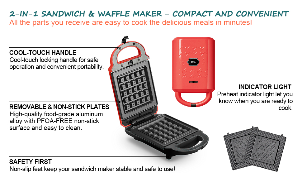 Bear Waffle Maker, 2in1 Sandwich Maker with Removable Plates, Small Belgian Waffle