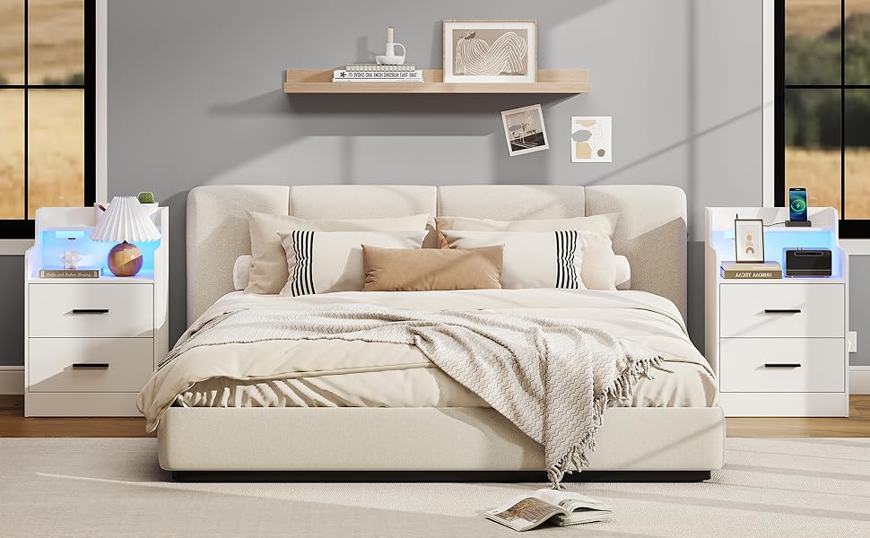 Lomojo Nightstand with Charging Station, White Night Stand