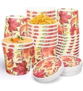 FYSUIMU 50Pcs Fall Maple Leaf Leftover Containers with Lids 12Oz Autumn Leaves Paper Soup Cups Di...