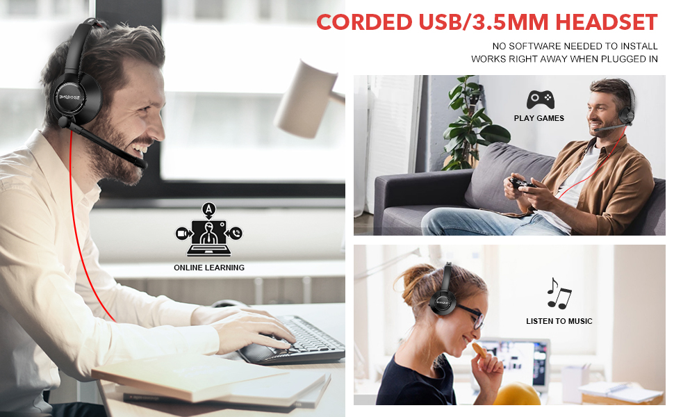 BINNUNE USB Headset mit Mikrofon für PC Laptop Büro Kopfhörer mit Noise