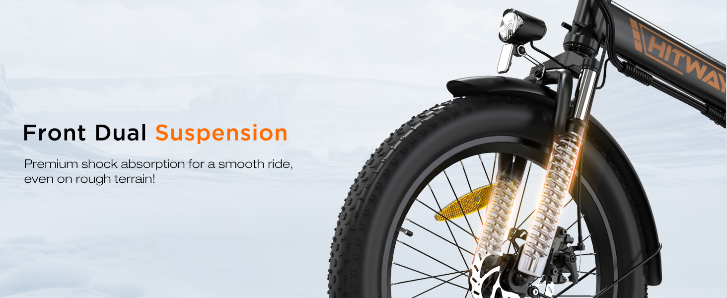 Text reads 'Front Dual Suspension'. Close-up of motorcycle front wheel assembly showing suspension and brake components.