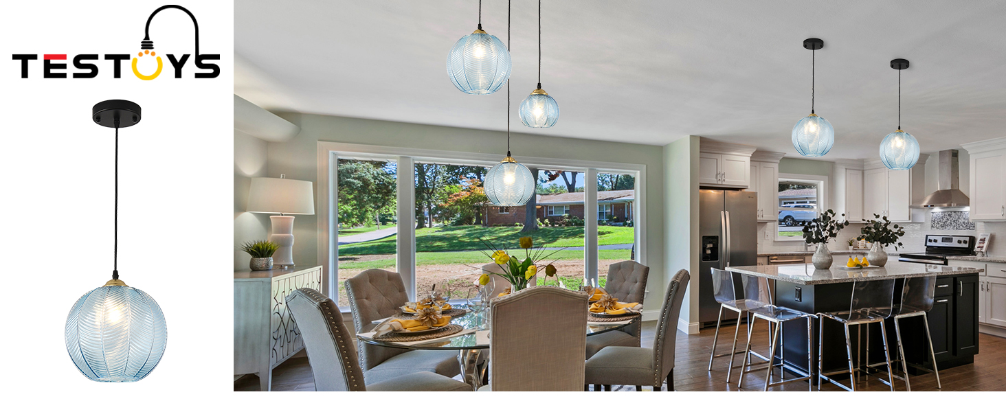 TESTOYS Blue Glass Pendant Light, Single Large Globe Shade Hanging