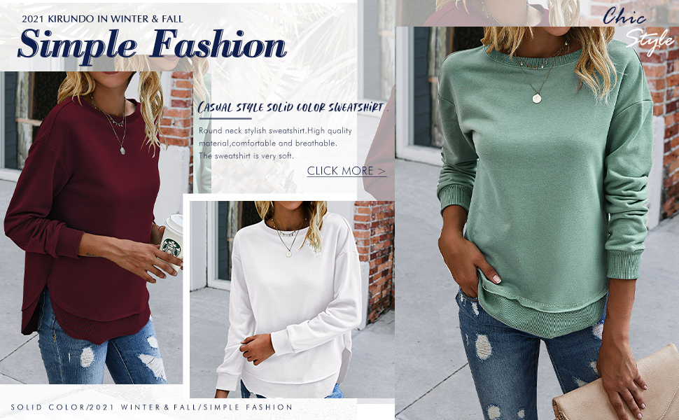 Women Cute Solid Round Neck Long Sleeve Side Split Pullover Sweatshirt with Irregular hemline design