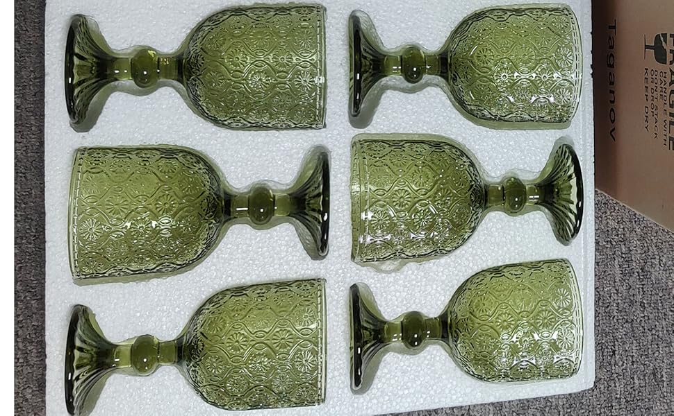 Green Glasses Drinking Wine Water Goblets Glassware set of 6