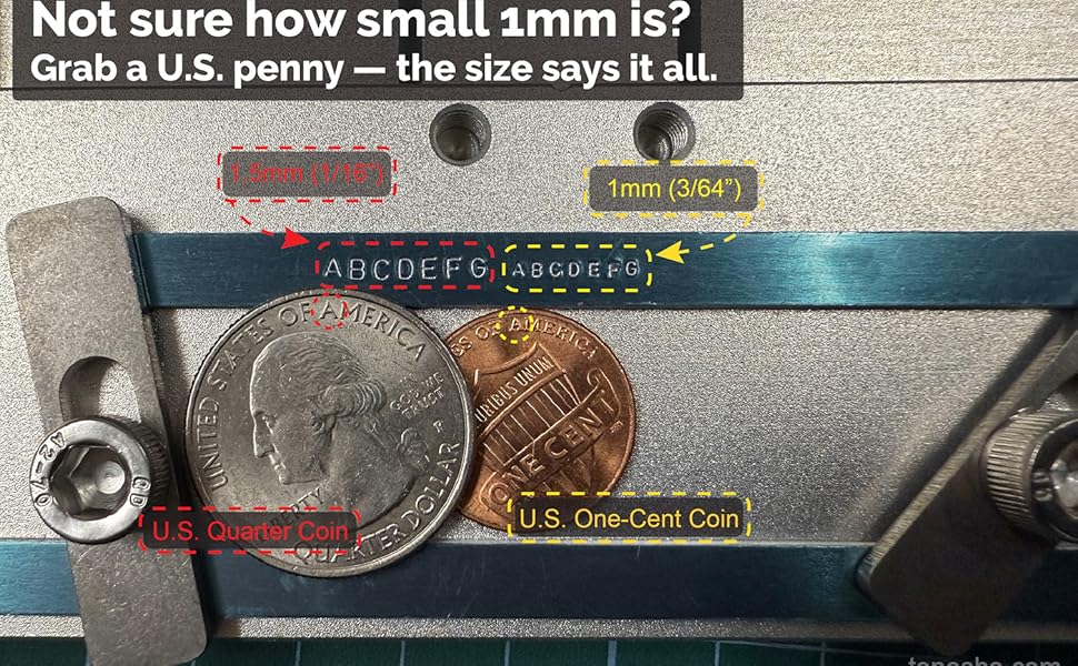 Size comparison of 1mm and 1.6mm letter stamps using U.S. penny and quarter coins