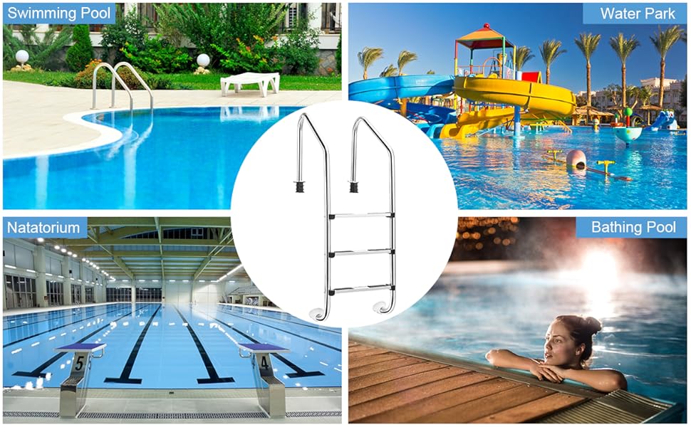 RELAX4LIFE Échelle De Piscine à 3 Marches En Acier Inoxydable Avec Protection Antidérapante, Escalier De Piscine Chargeable à 150KG Pour Piscines, Centres De Spa, Parcs Aquatiques, 63x146 CM (Modèle 2 13 3