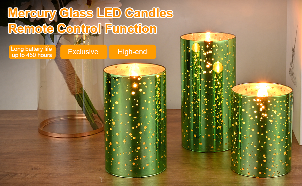 M Mirrowing LED Candles, Glass Green Flameless Candles with Remote