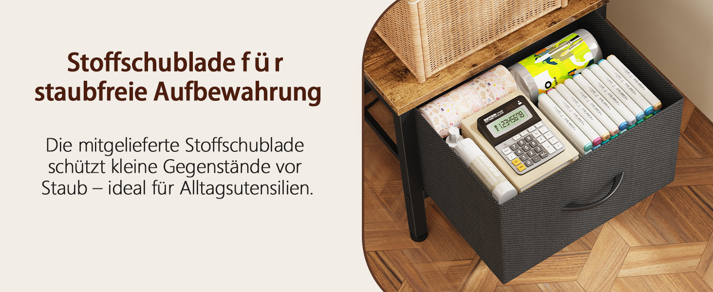 Der Text lautet „Stoffschublade für staubfreie Aufbewahrung“. Demonstration einer Aufbewahrungslösung, die ein Schubladensystem zur Aufbewahrung von Gegenständen zeigt.