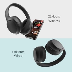 Text reads '22Hours Wireless' and '+40Hours Wired'. Black over-ear headphones shown with smartphone displaying control interface.
