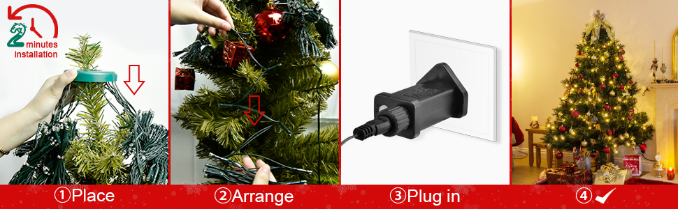 Four-panel image showing Christmas tree decorating steps: attaching tree topper, arranging ornaments, plugging in lights, and fully decorated tree.