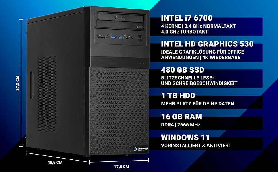 Ankermann Office Work Desktop PC Madrid Intel Core i7 6700 Intel HD 530 Graphics 16GB RAM