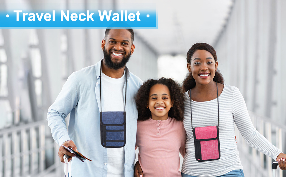 Travel neck wallets worn by a family in an airport. The wallets are small, flat pouches hanging around their necks.