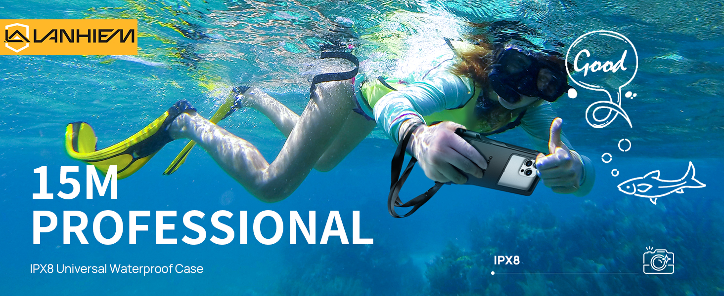 Underwater scene showcasing waterproof case for electronic devices. Person swimming, giving thumbs up. Text indicates 15M depth rating, IP68 certification. Yellow snorkel visible.