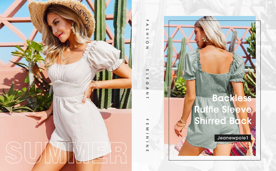 Jeanewpole1 Womens Shirred Ruffle Sleeve Short Romper Plain Off Shoulder Flared Jumpsuit