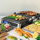 contact panini grill in flat position with sample food display