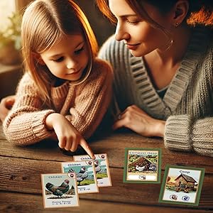 Mother and daughter creating a poultry set with chickens, a coop, and a compost heap