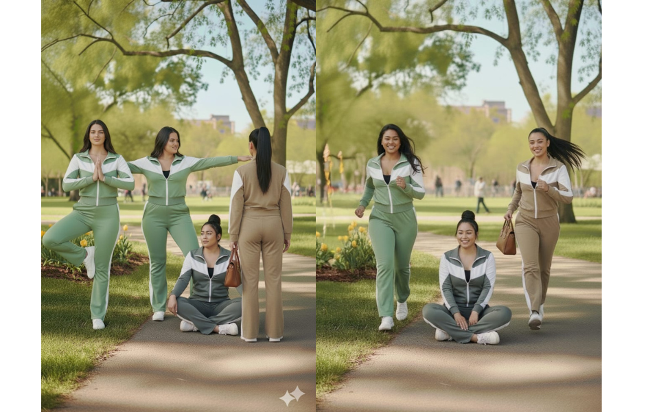 سلسلة من مشاهد الحديقة الخارجية تظهر مجموعات منخرطة في أنشطة ترفيهية في يوم مشمس بين الأشجار والعشب.