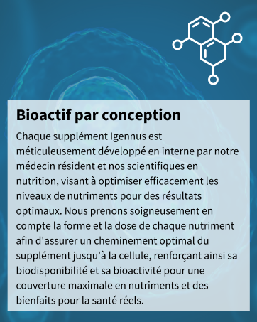 expliquant le processus de développement des suppléments bioactifs en français. Fond bleu avec illustration de la structure moléculaire. Le texte décrit l'optimisation et la biodisponibilité des nutriments