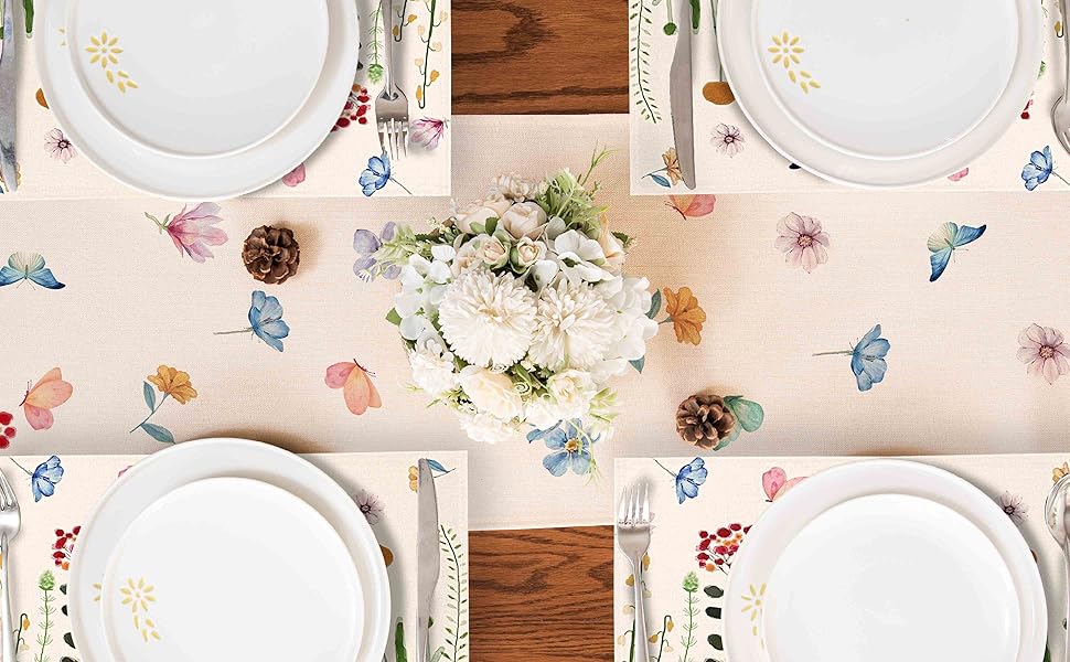 Winotic Floral Leaves Placemats Set of 4, 12x18 Inch Spring