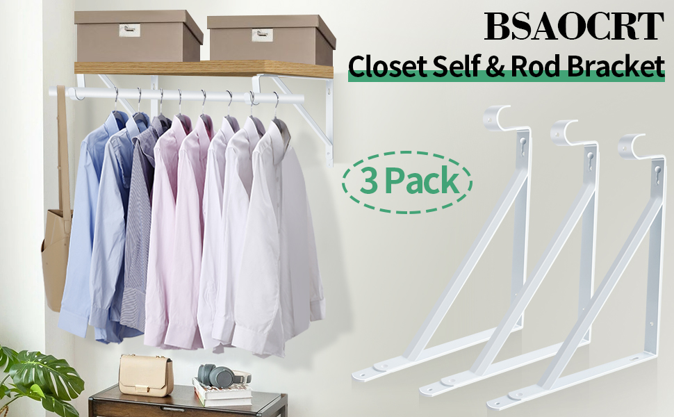 Closet Rod Bracket, 3 Pack Heavy Duty Closet Rod Support 11×10.2×1 Inch, White