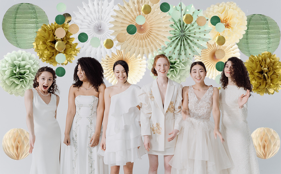 Sage Party Decorations Sage Green and Gold Paper Pom Poms Paper Fans