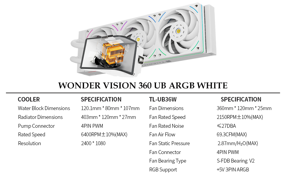 Thermalright Wonder Vision 360 UB ARGB White CPU AIO Cooler 2K 60HZ Curved Screen 3D with 2400x1080 Resolution for AM4/AM5,Intel LGA1851/1700,6.67 19 WV360 UB WHITE ARGB