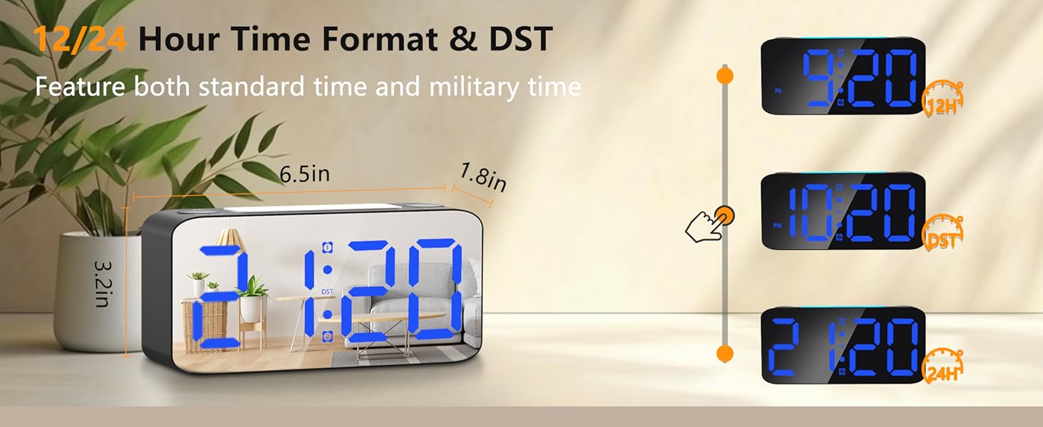 Digital Mirror Alarm Clock for Bedrooms, 7'' Large Display