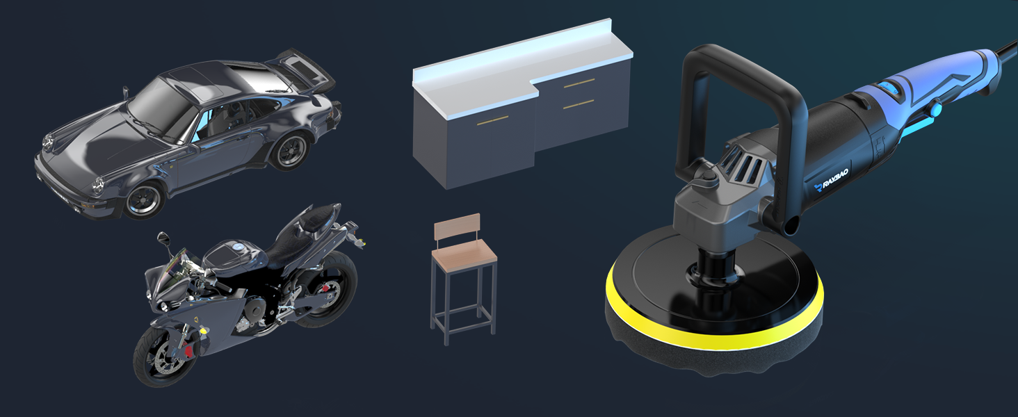 Array of 3D rendered objects: sports car, motorcycle, storage box, stool, and electric polisher. Items shown against dark background, emphasizing sleek designs and metallic finishes.