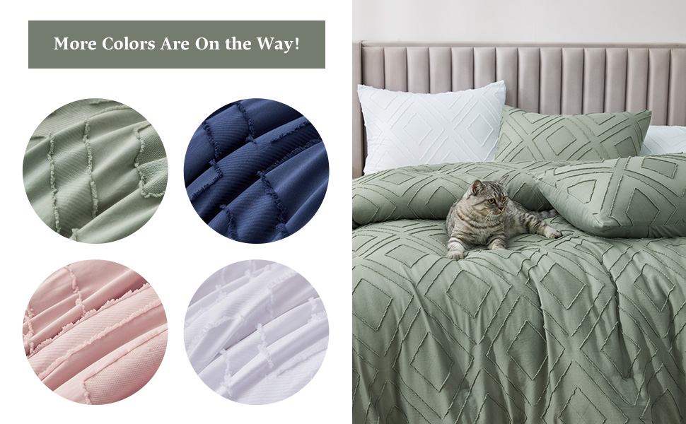 FROHAUL Boho Queen Comforter Set,Sage Green Rhombus Tufted