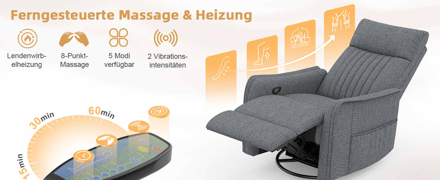 Grauer Massagesessel mit Fernbedienungsfunktionen, dargestellt mit beschreibenden Symbolen, die auf die Heiz- und Massagefunktionen hinweisen