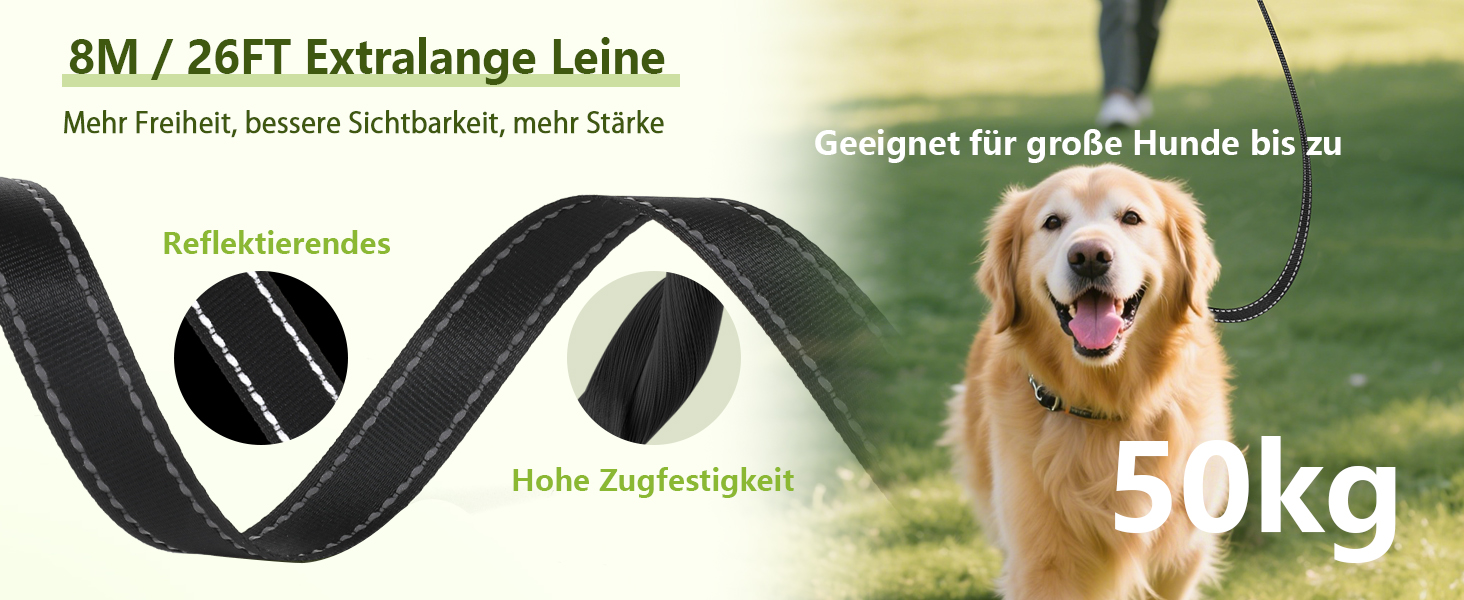 Der Text lautet „BM/ 24FT Erstanlage Leine“ und „50kg“. Produktdiagramm mit Golden Retriever-Abbildung und technischen Daten.