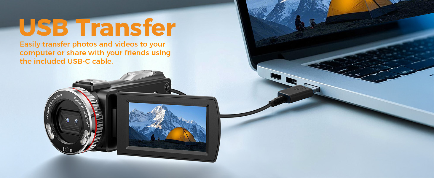 USB transfer feature demonstrated with a camcorder connected to a laptop. The camcorder's screen displays a mountain landscape.
