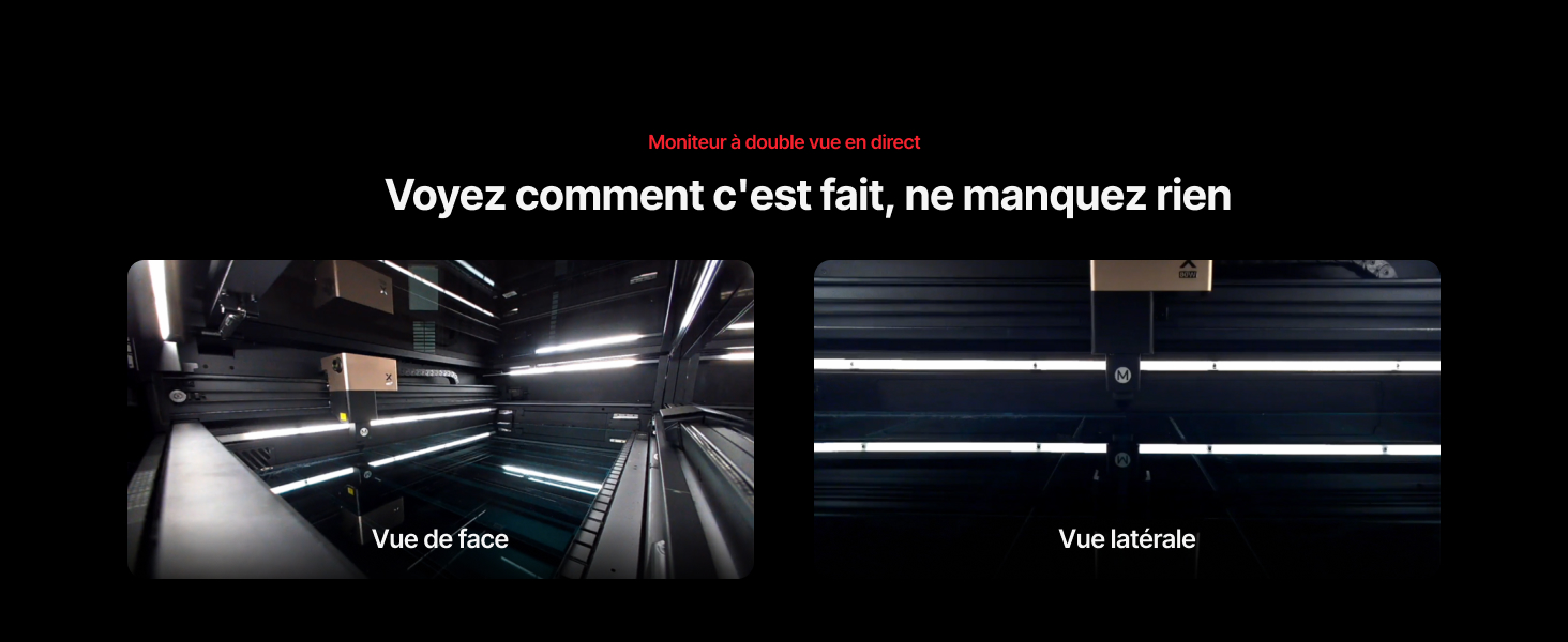 Le texte se lit comme suit : « Voyez comment c'est fait, ne manquez rien ». Plusieurs vues de produits montrant les angles latéraux et frontaux d'un objet de couleur foncée sur fond noir.