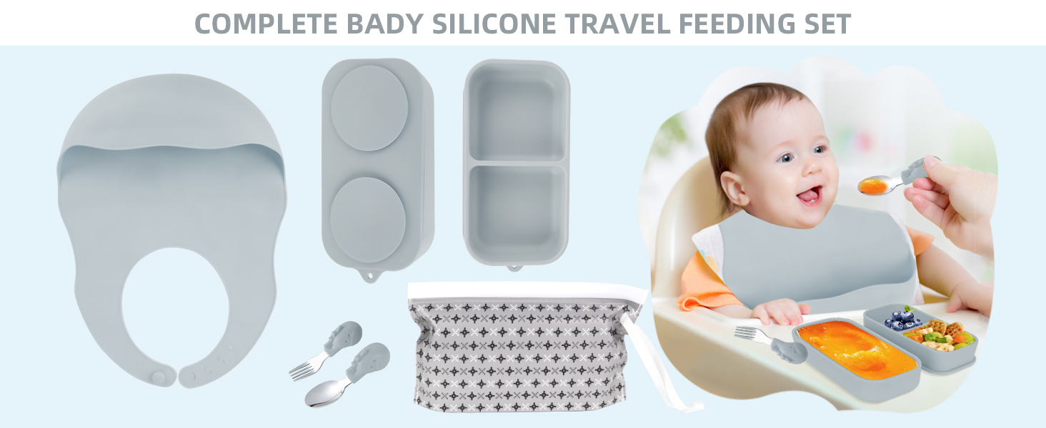 baby travel feeding set, 316 stainless steel baby utensils, silicone suction plates for toddlers