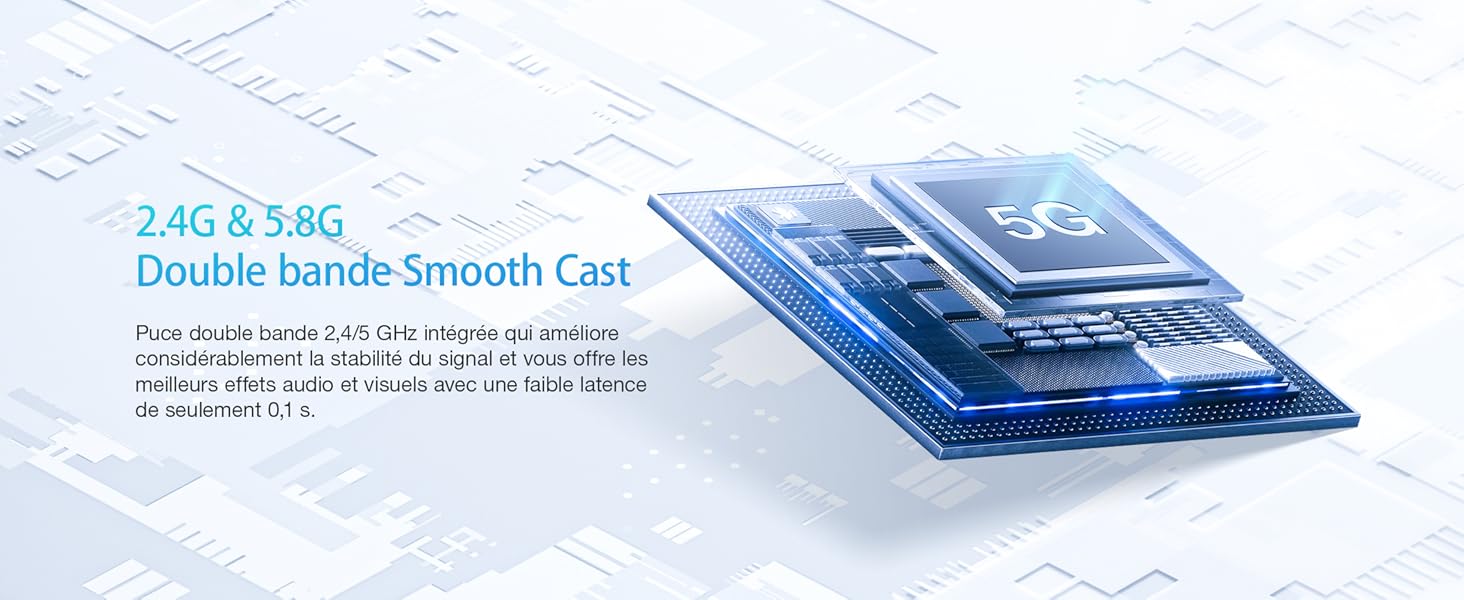 Schéma technique montrant les spécifications à double poignée 2,4 G et 5,8 G avec des images du circuit imprimé bleu