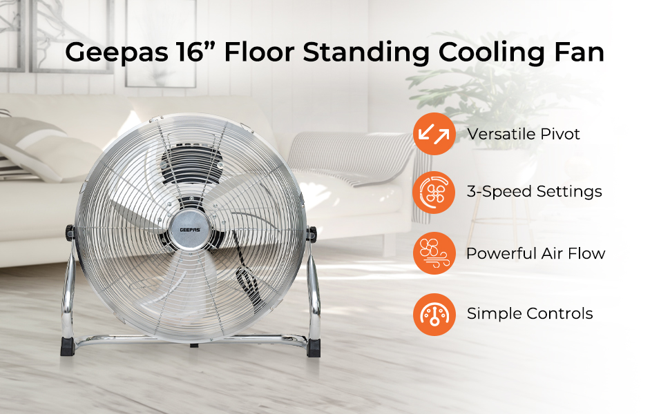 GEEPAS 16 Inch Floor Fan, Floor Standing Cooling Fan with 3 Speed, Tilt