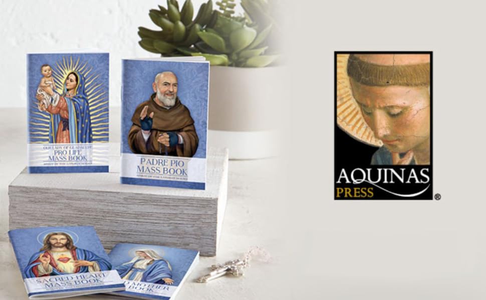 aquinas press four mass books sitting on a desk beside a potted house plant