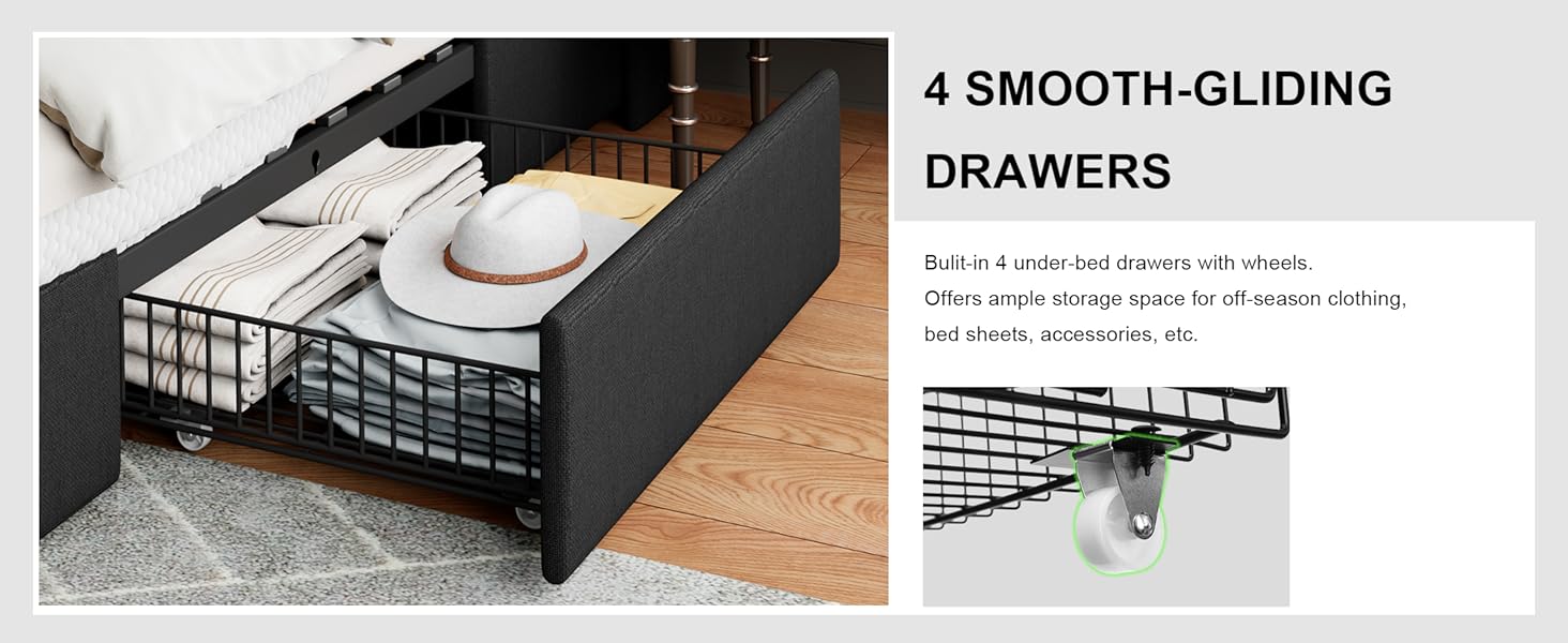 Feonase King Size Bed Frame with 4 Storage Drawers