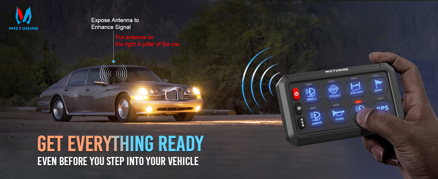 Text reads 'GET EVERYTHING READY'. Dark promotional image showing electronic device with illuminated blue icons on screen.