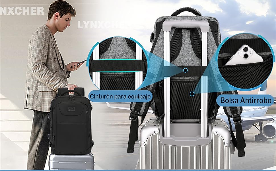 Varias vistas del diseño de una maleta de mano o bolsa de viaje, que muestran varios ángulos y características para su uso en viajes en avión.
