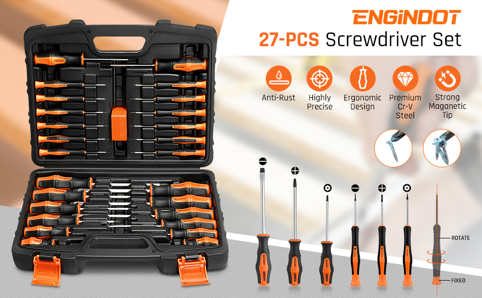 ENGINDOT Lot De 27 Tournevis Magnétiques, Avec étui De Rangement Et Magnétiseur, Tournevis à Fente/Phillips/Torx/précision Pour Réparation Domestique-TLHSS1B 20 ENGINDOT 27-PCS Screwdriver Set