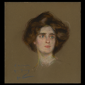 A sketch of a woman with wispy brown hair. Her eyes are looking to her left. Brown background.
