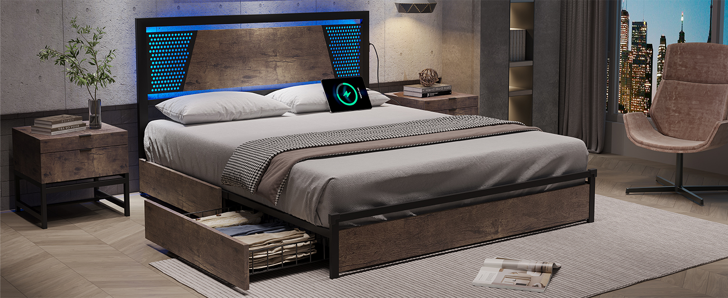 ADORNEVE LED Bed Frame Full Size with 2 USB Charging