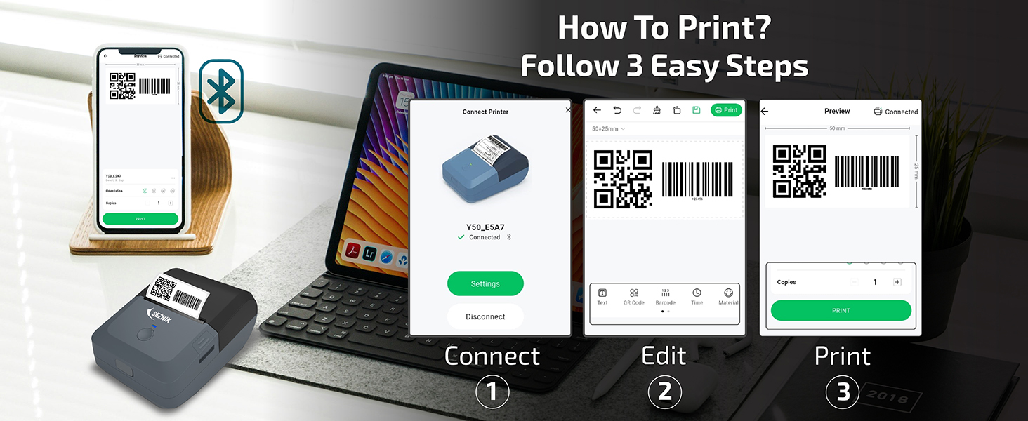 Connect via app or USB, insert label roll, and start printing within seconds