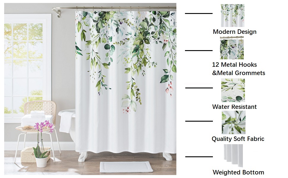 YOSTEV Sage Green Shower Curtains for Bathroom, Watercolor Plant Leaves with Floral