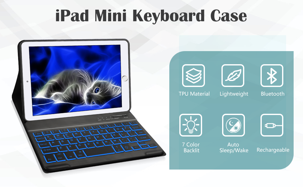 YEHOBU iPad Mini 5 Case with Keyboard, 7 Colors Backlit