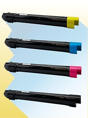  Image of 4 OEM Xerox printer cartridges in black, cyan, yellow, and magenta.