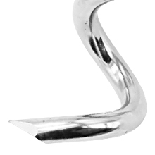 Close-up of a shiny, curved metal object with a smooth, twisted shape. The silver-toned piece has a sleek, modern design with a flowing contour.