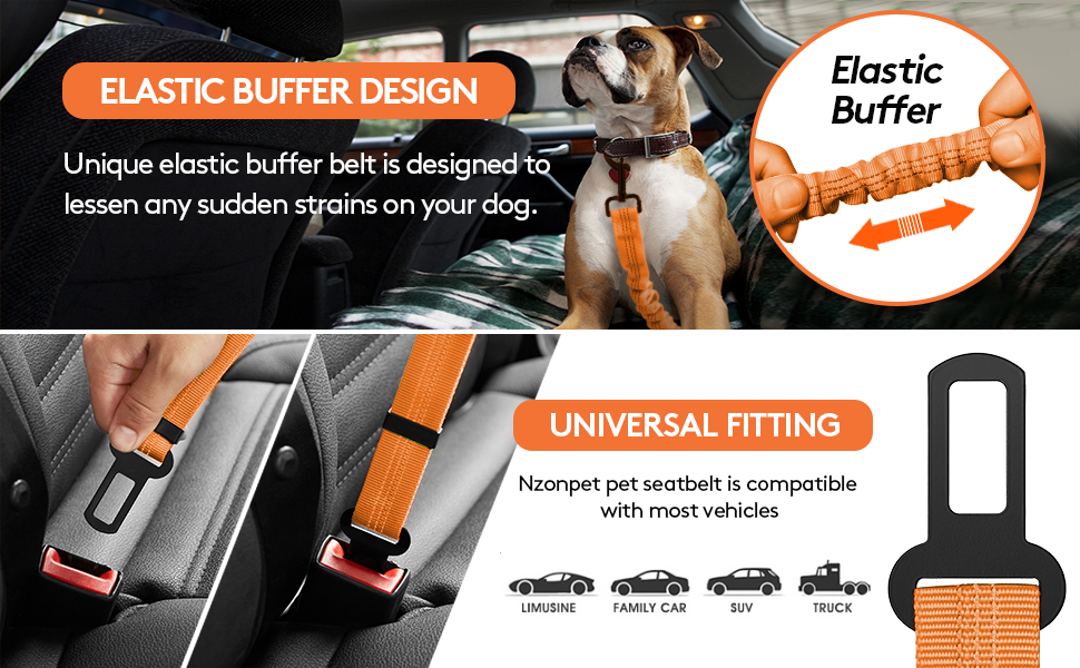 Reflective Heavy Duty Pet Seat Belts w/ Stainless Hook and Elastic Bungee Buffer