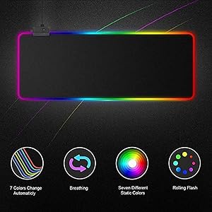 GMS WT-5 RGB Gaming Mouse Pad 80x30cm Extended Stitched Edges - 12 Lighting Modes - Braided Cable - Waterproof - Anti-Slip Rubber Base-Large 5 Text reads '7 Colors Change, Breathing, Smart Different, Rolling Time'. Digital interface showing colorful light settings with circular icons displaying different lighting modes.
